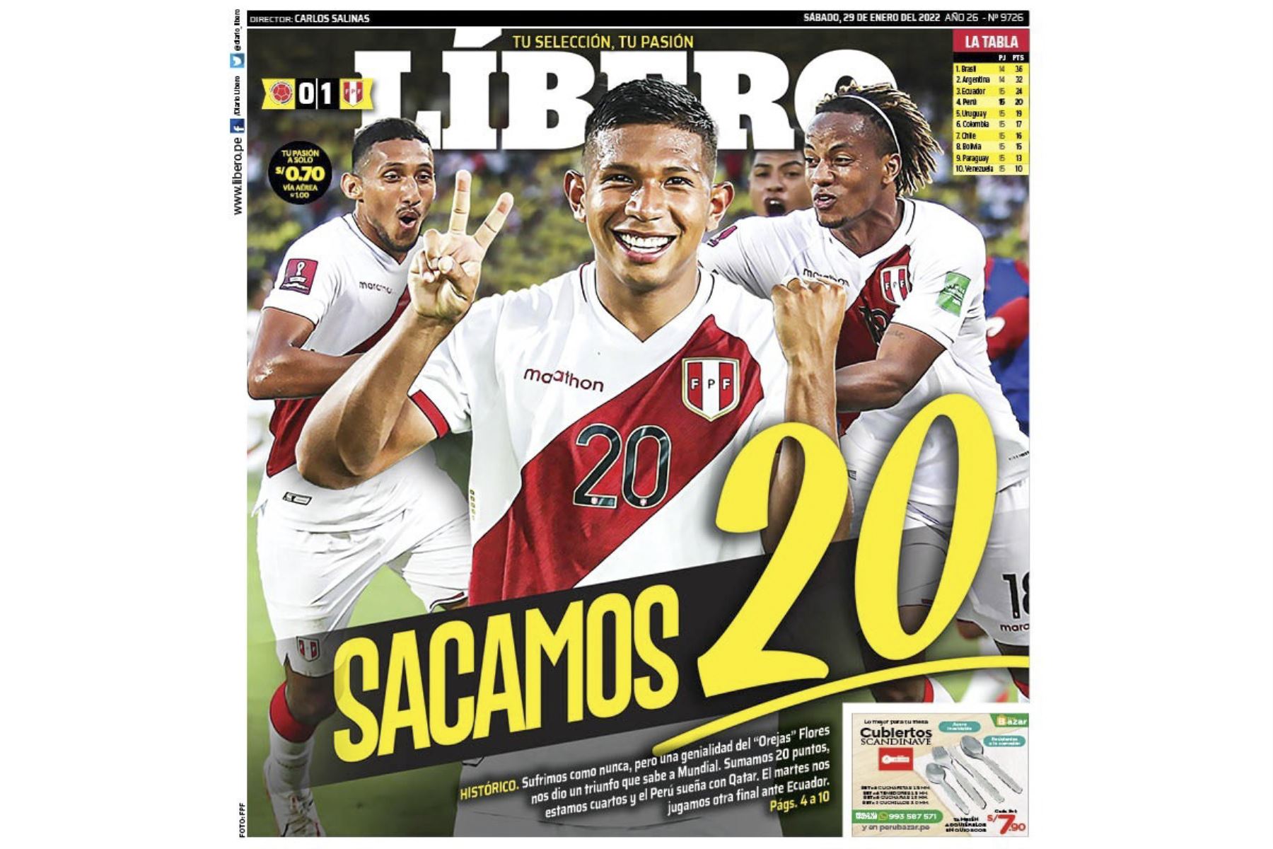 Portada del diario Libero sobre el triunfo de Perú frente a Colombia por las Eliminatorias a Qatar 2022. Foto: ANDINA/Difusión