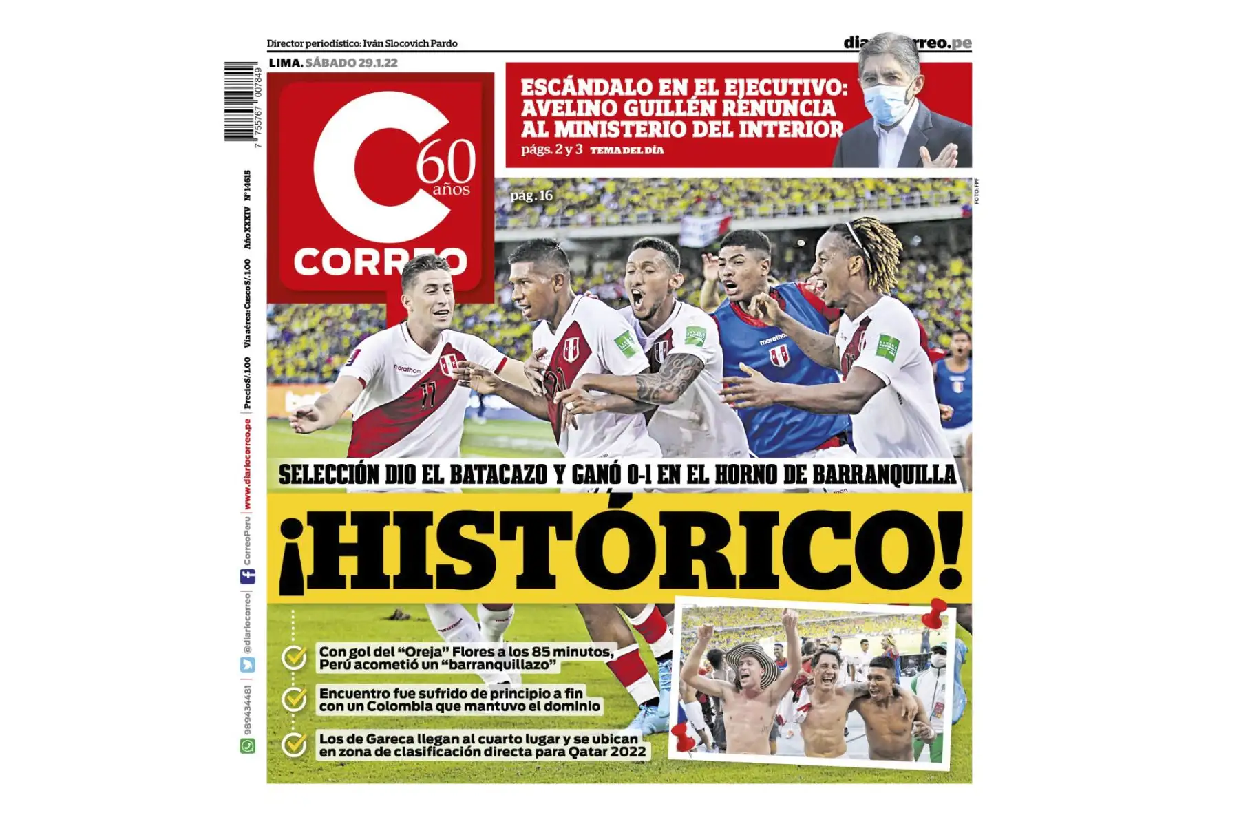 Portada del diario Correo sobre el triunfo de Perú frente a Colombia por las Eliminatorias a Qatar 2022. Foto: ANDINA/Difusión