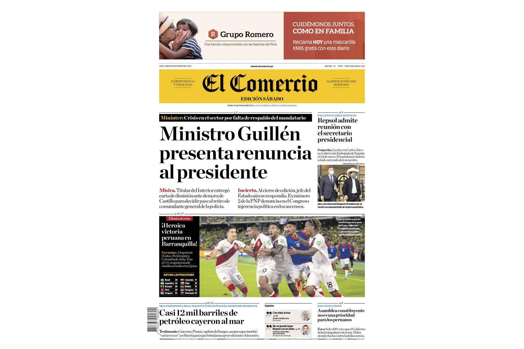 Portada del diario El Comercio sobre el triunfo de Perú frente a Colombia por las Eliminatorias a Qatar 2022. Foto: ANDINA/Difusión