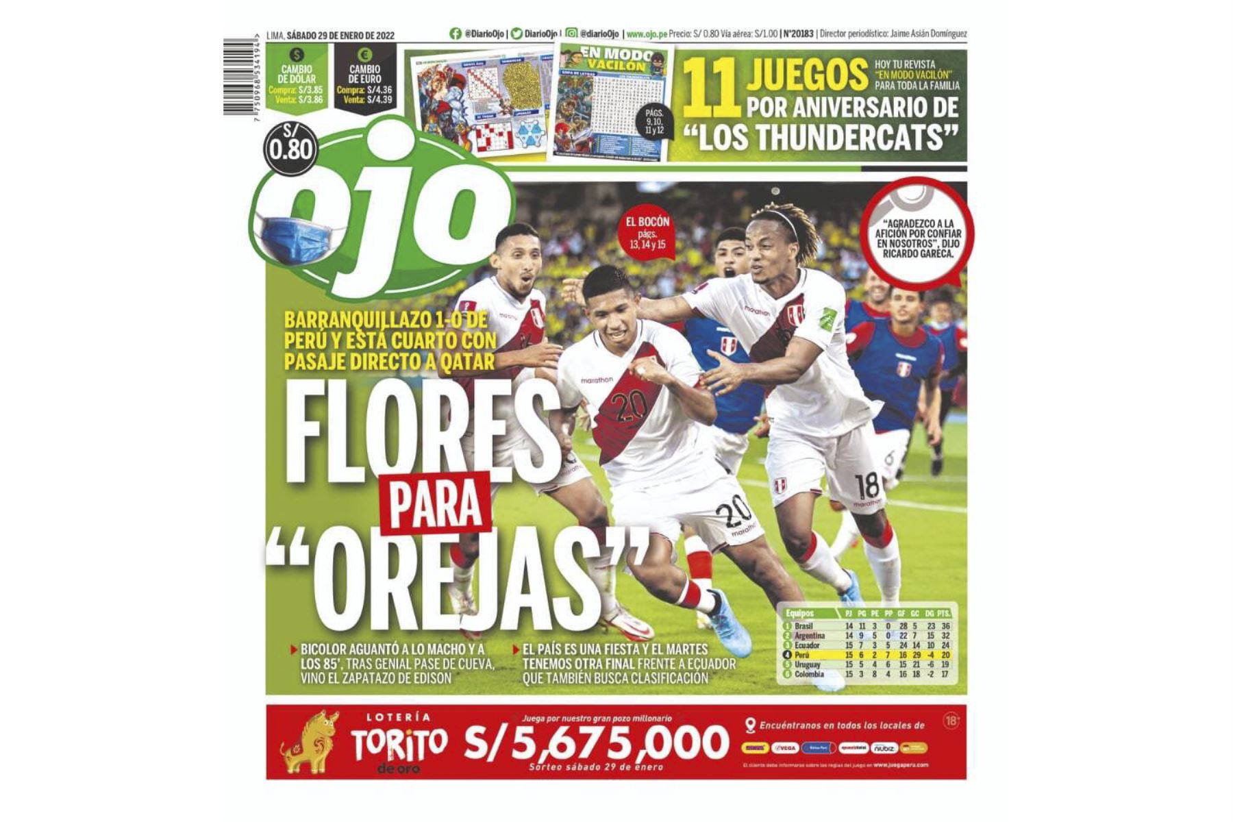Portada del diario Ojo sbre el triunfo de Perú frente a Colombia por las Eliminatorias a Qatar 2022. Foto: ANDINA/Difusión