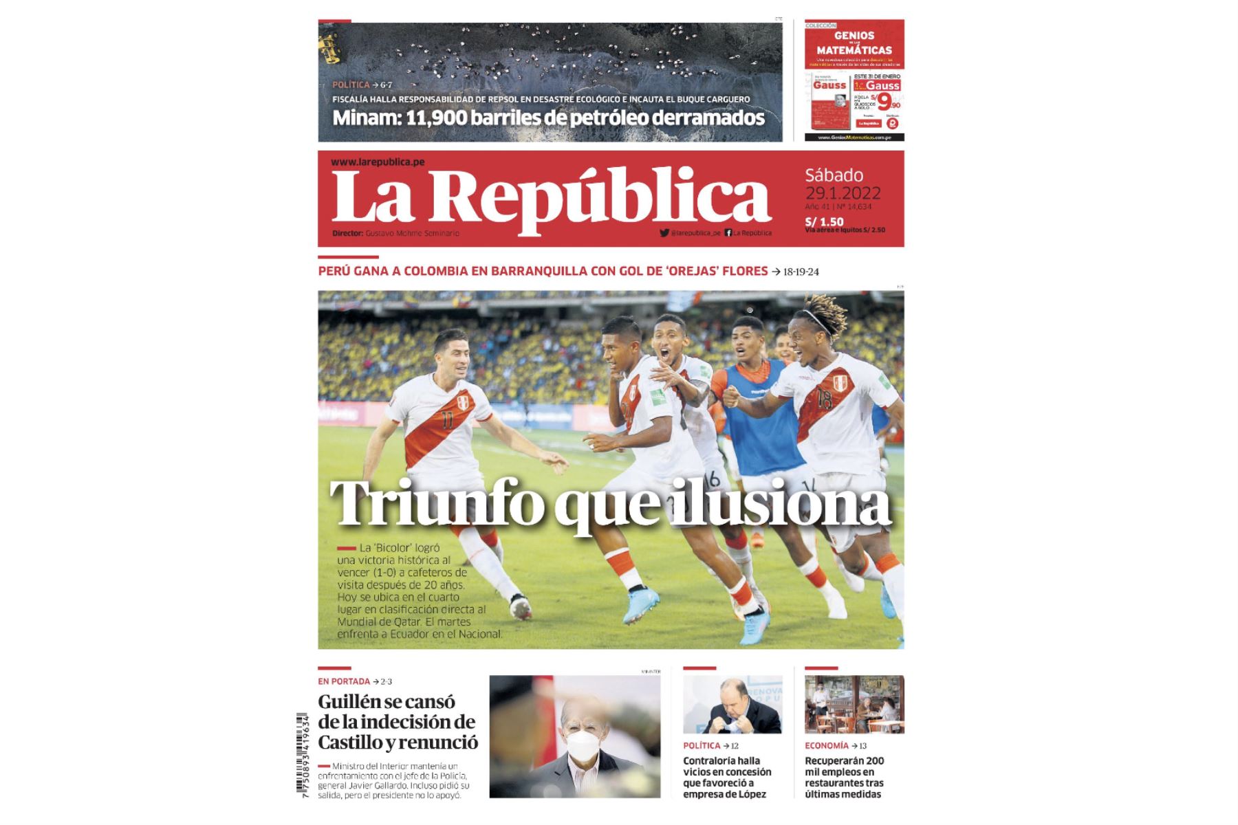 Portada del diario La República sobre el triunfo de Perú frente a Colombia por las Eliminatorias a Qatar 2022. Foto: ANDINA/Difusión