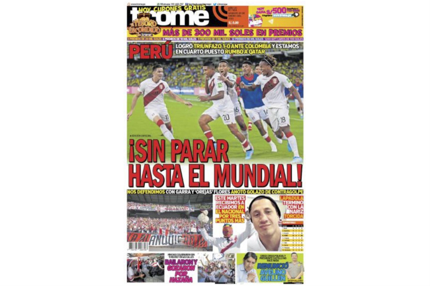 Portada del diario Trome sobre el triunfo de Perú frente a Colombia por las Eliminatorias a Qatar 2022. Foto: ANDINA/Difusión