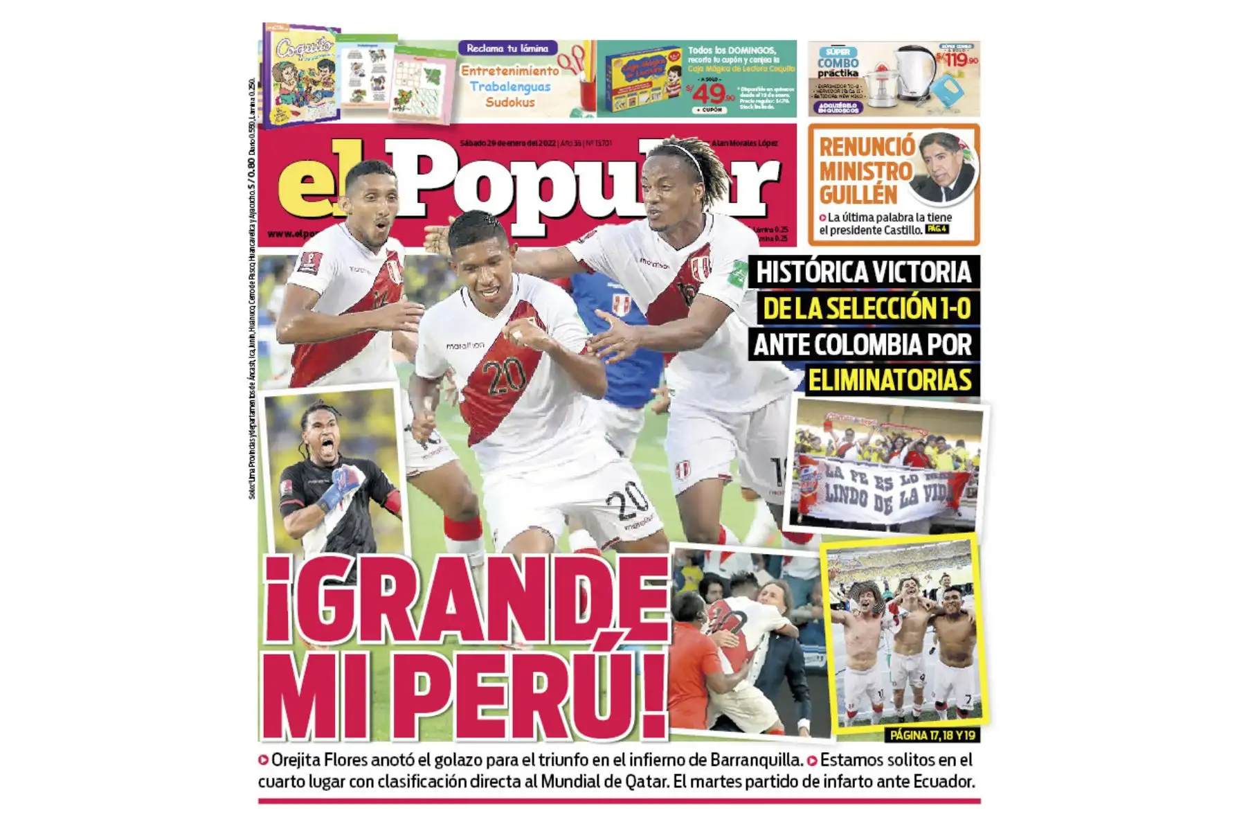 Portada del diario El Popular sobre el triunfo de Perú frente a Colombia por las Eliminatorias a Qatar 2022. Foto: ANDINA/Difusión