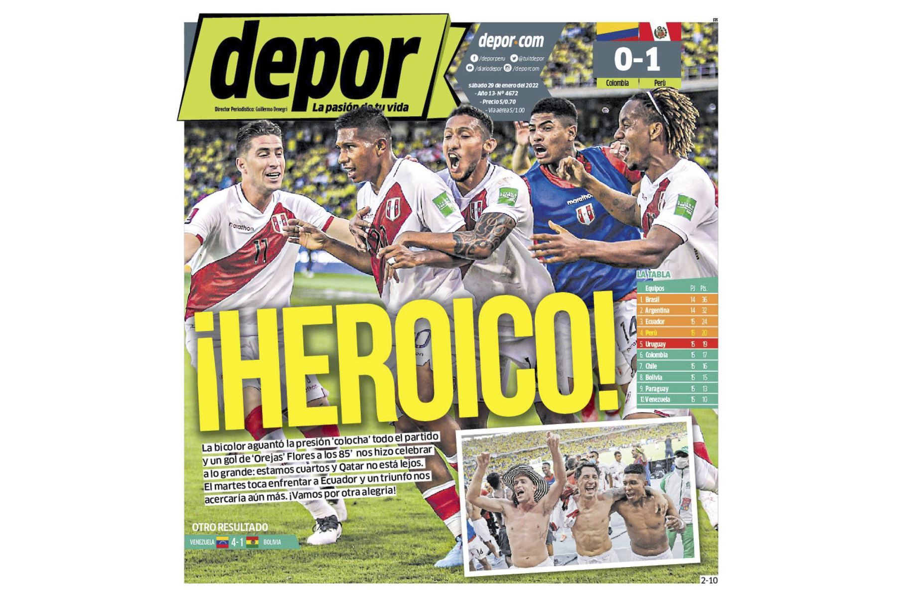 Portada del diario Depor sobre el triunfo de Perú frente a Colombia por las Eliminatorias a Qatar 2022. Foto: ANDINA/Difusión