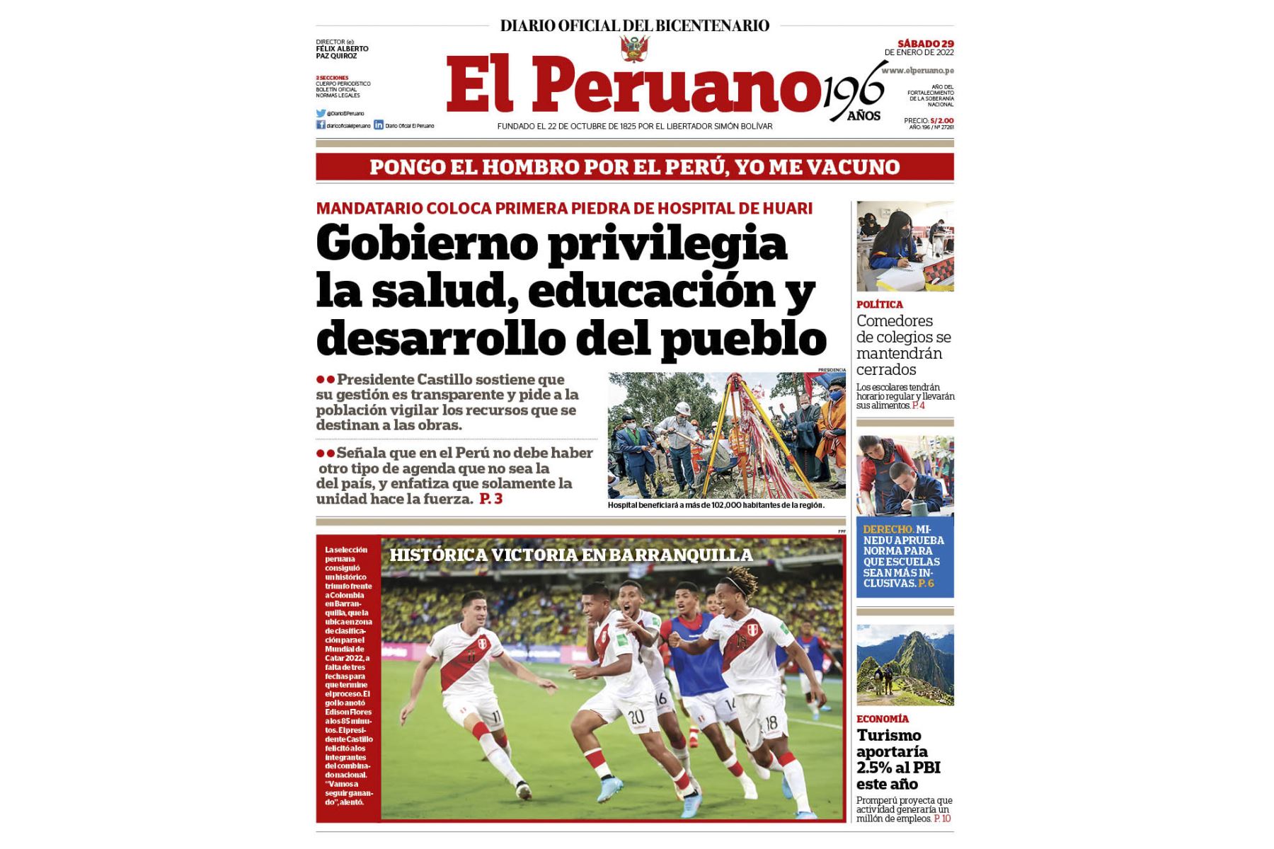 Portada del Diario Oficial El Peruano sobre el triunfo de Perú frente a Colombia por las Eliminatorias a Qatar 2022. Foto: ANDINA/Difusión