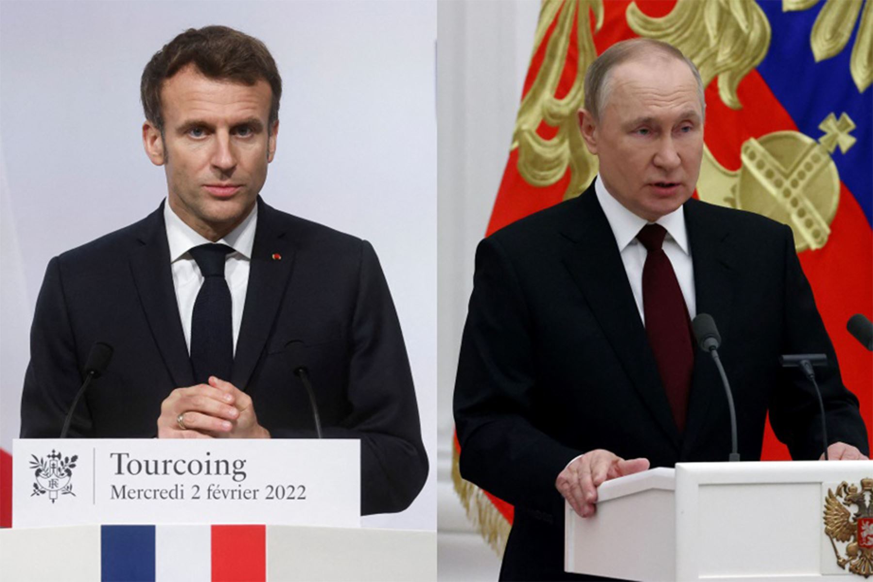 El presidente francés, Emmanuel Macron, y su homólogo ruso, Vladimir Putin (imágenes de archivo). Foto: AFP