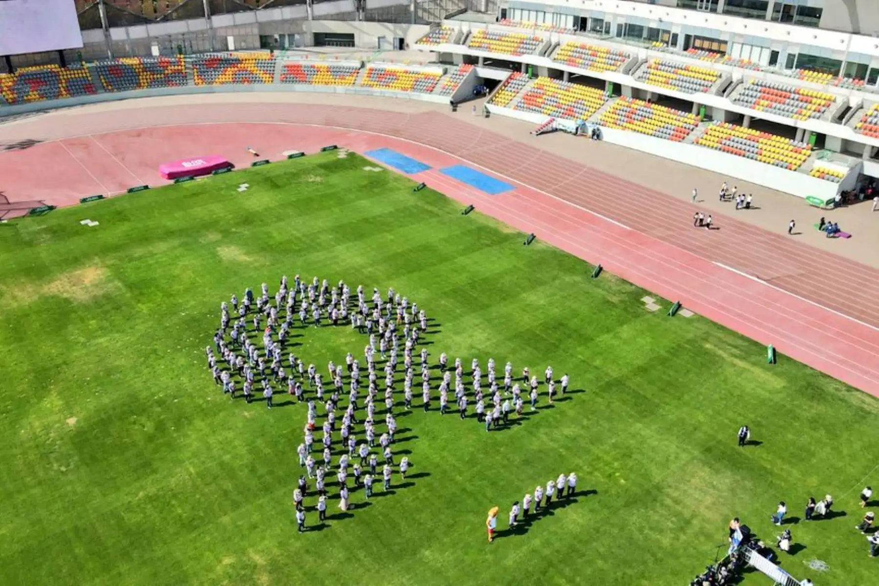 Por el Día Mundial de Lucha contra el Cáncer, 200 voluntarios se sumaron para conformar el lazo lavanda en la cancha atlética de la Videna, este lazo simboliza la lucha que miles de personas en nuestro país enfrentan debido al cáncer. Foto: ANDINA/MINSA