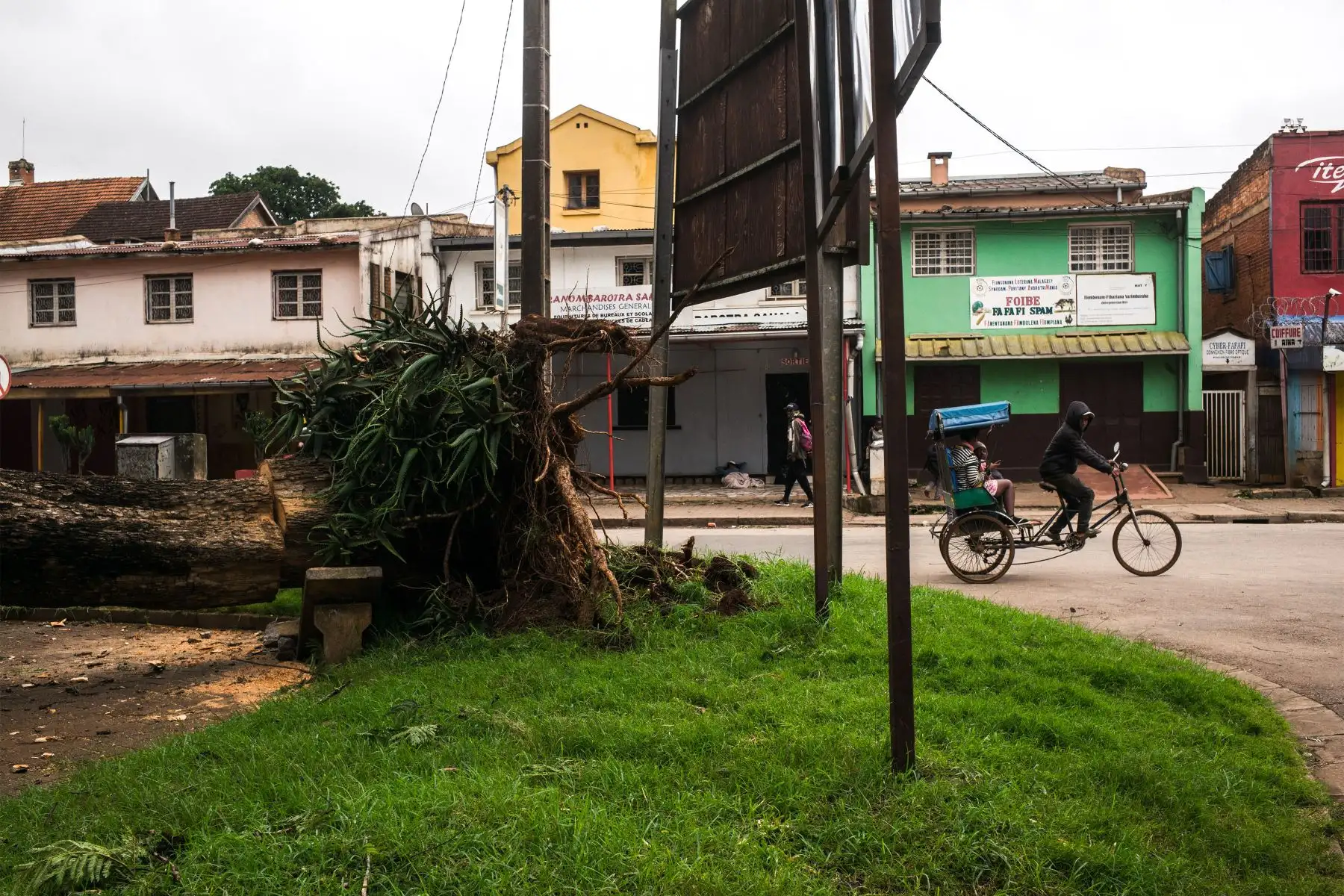 Un hombre monta un rickshaw que lleva a los clientes más allá de un árbol arrancado que cayó sobre un jardín público en el centro de Antsirabe tras el paso del ciclón Batsirai.
Foto: AFP
