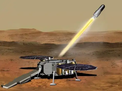 Esta ilustración muestra cómo es el Mars Ascent Vehicle de la NASA, que transporta tubos que contienen rocas, sedimentos y muestras atmosféricas desde la superficie del Planeta Rojo. Foto: NASA/JPL-Caltech