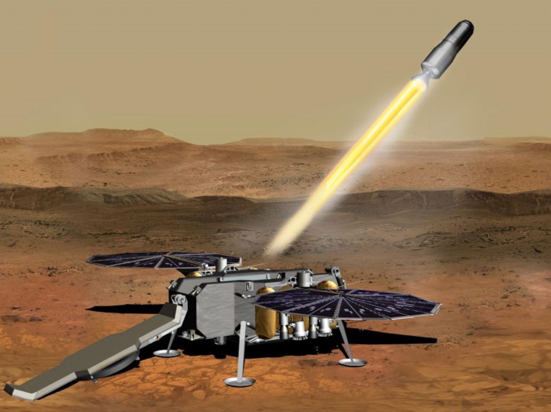 Esta ilustración muestra cómo es el Mars Ascent Vehicle de la NASA, que transporta tubos que contienen rocas, sedimentos y muestras atmosféricas desde la superficie del Planeta Rojo. Foto: NASA/JPL-Caltech