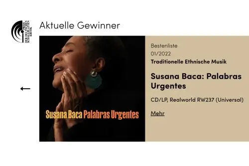 Distinción para Susana Baca de la crítica especializada en Alemania.