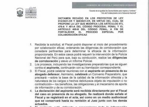 Dictamen aprobado por la Comisión de Justicia del Congreso sobre la colaboración eficaz.