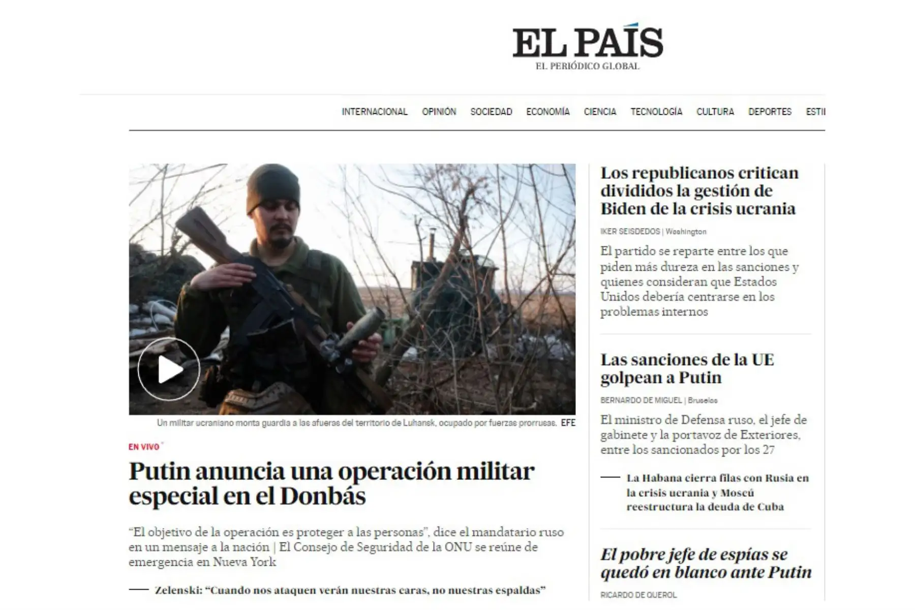 Portada del diario El País. Informa  el  anunció del presidente ruso Vladimir Putin sobre una operación militar en Ucrania para defender a los separatistas en el este del país.
Foto: Internet