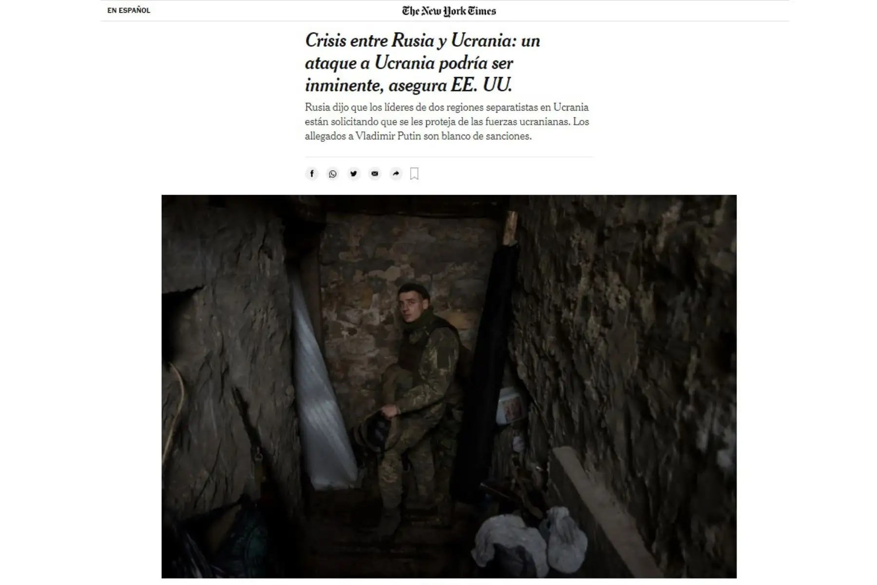 Portada del diario The New York Times. Informa  sobre una operación militar en Ucrania para defender a los separatistas en el este del país.
Foto: Internet