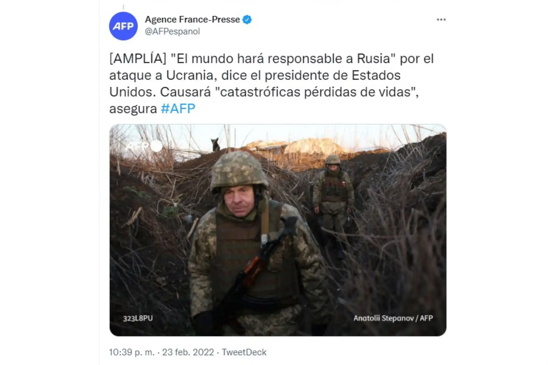 Portada Agence France-Presse. Informa  el  anunció del presidente ruso Vladimir Putin sobre una operación militar en Ucrania para defender a los separatistas en el este del país.
Foto: Internet
