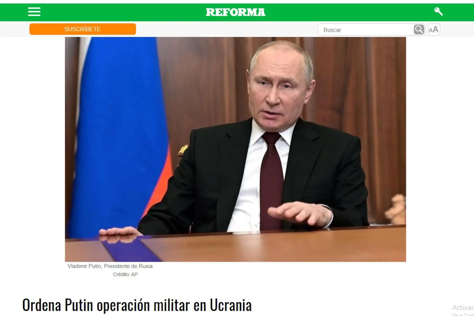 Portada de la Reforma de México. Informa  el  anunció del presidente ruso Vladimir Putin sobre una operación militar en Ucrania para defender a los separatistas en el este del país.
Foto: Internet