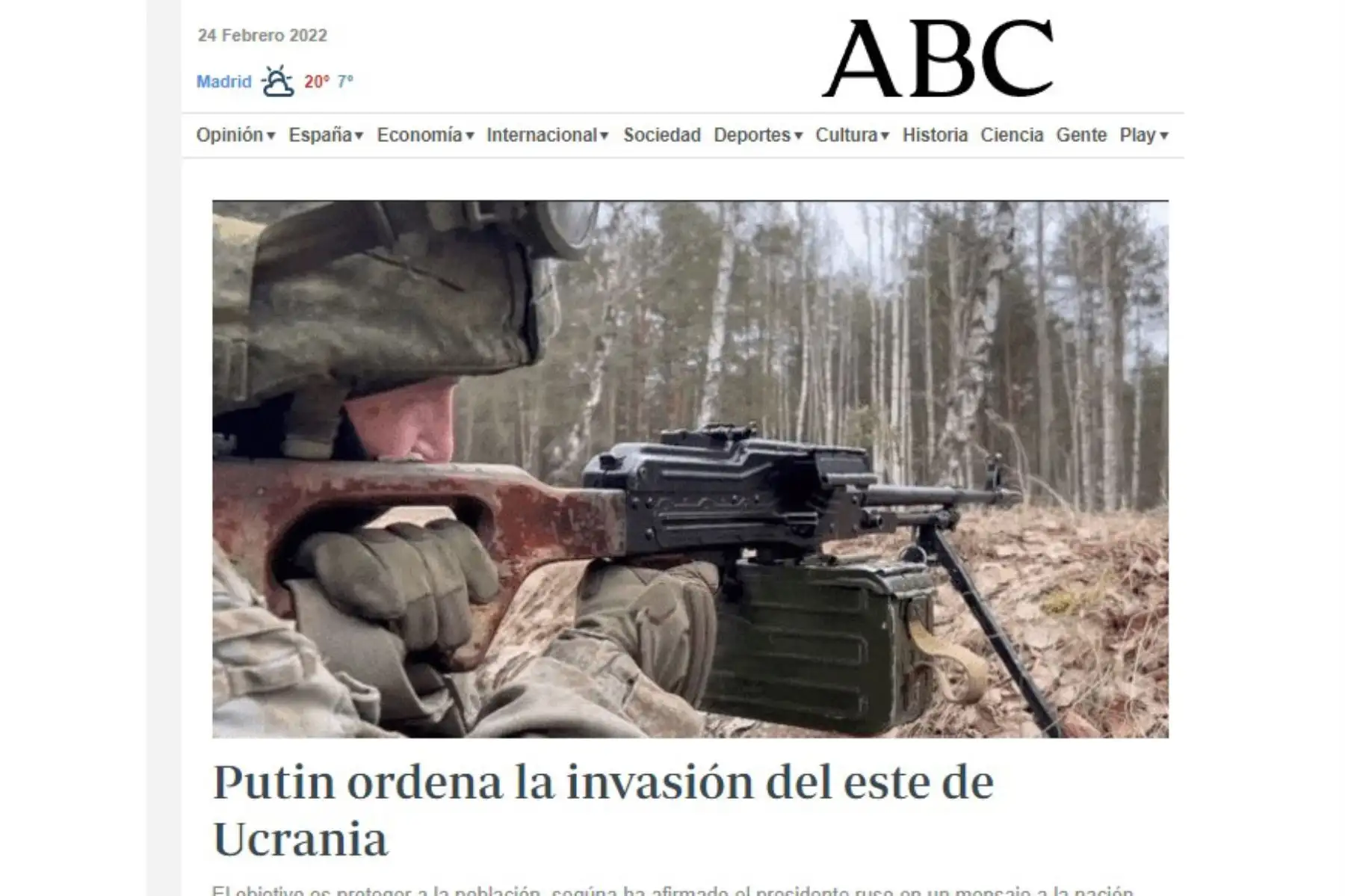 Portada ABC de España. Informa  el  anunció del presidente ruso Vladimir Putin sobre una operación militar en Ucrania para defender a los separatistas en el este del país.
Foto: Internet
