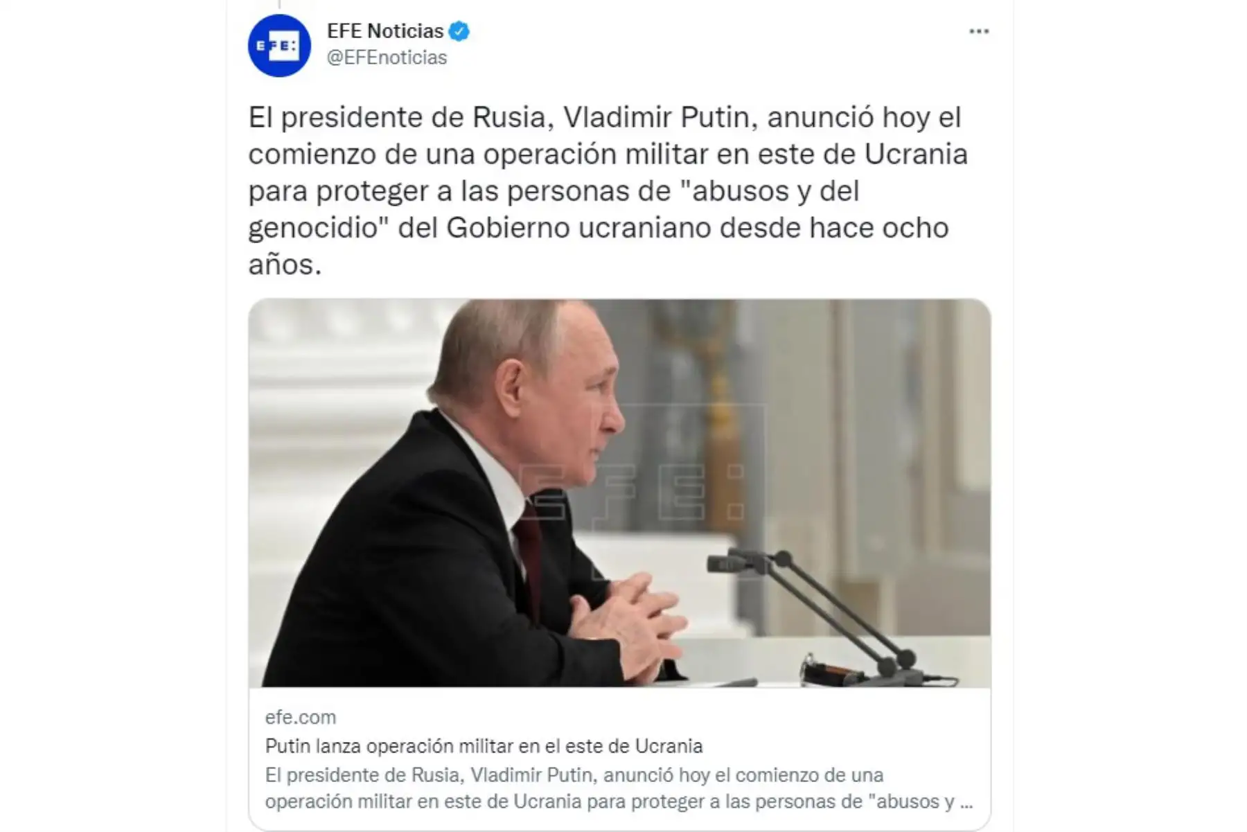 Portada Agencia EFE. Informa  el  anunció del presidente ruso Vladimir Putin sobre una operación militar en Ucrania para defender a los separatistas en el este del país.
Foto: Internet