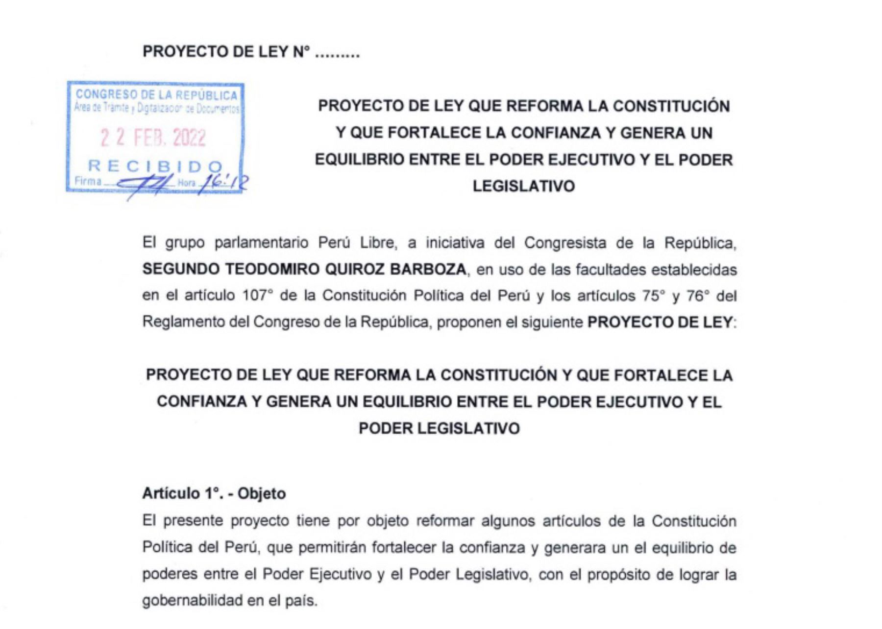 Perú Libre plantea reformar vacancia y cuestión de confianza mediante proyecto de ley.