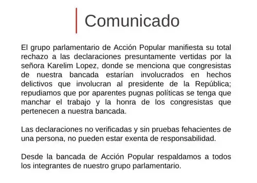 Acción Popular respalda congresistas tras supuestas declaraciones de Karelim López