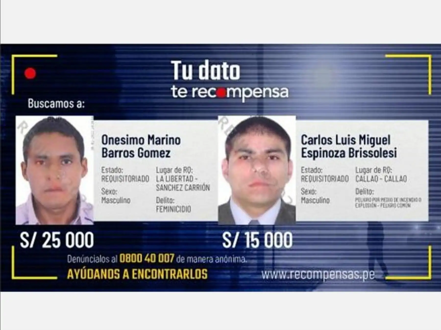 Prófugos buscados por feminicidio y peligro común. Foto: ANDINA/Difusión