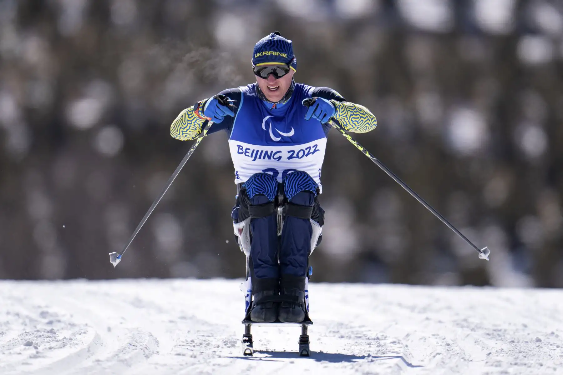 Maksym Yarovyi de Ucrania compite en el Centro Nacional de Biatlón de Zhangjiakou, durante los Juegos Paralímpicos de Invierno de Beijing 2022. Foto: AFP
