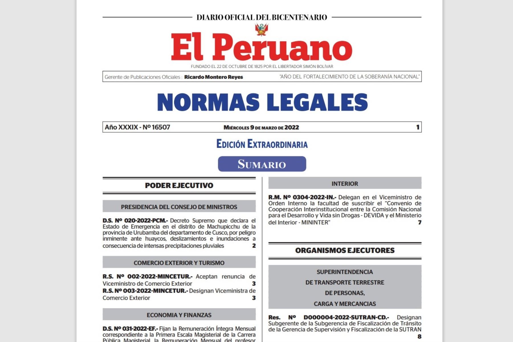Edición extraordinario del Diario Oficial El Peruano.