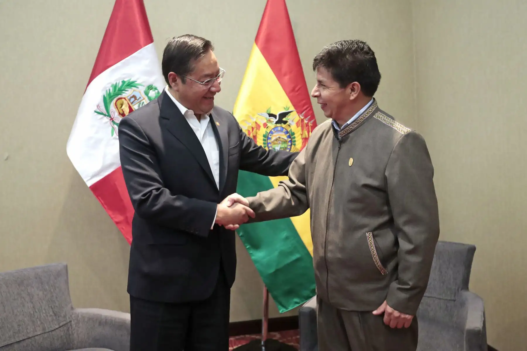 El presidente Pedro Castillo sostiene una reunión con su homólogo de Bolivia, Luis Arce. Foto: ANDINA/ Prensa Presidencia
