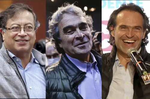 Gustavo Petro (izquierda),  Sergio Falardo (centro) y Fico Gutiérrez (derecha), son los tres candidatos que se enfrentarán para la Presidencia de Colombia este 29 de mayo. Foto: composición con fotos de AFP