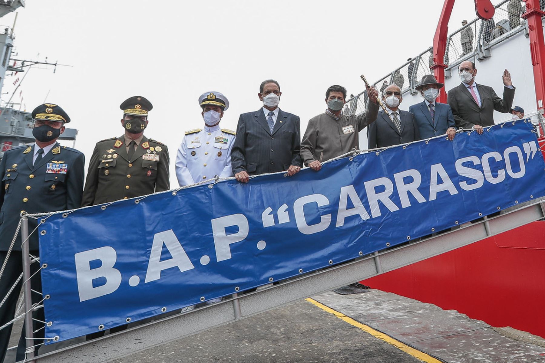 El presidente Pedro Castillo participa en la ceremonia de arribo del buque oceanográfico BAP Carrasco, con motivo de la XXVIII Campaña Científica del Perú a la Antártida. Foto: ANDINA/Prensa Presidencia.