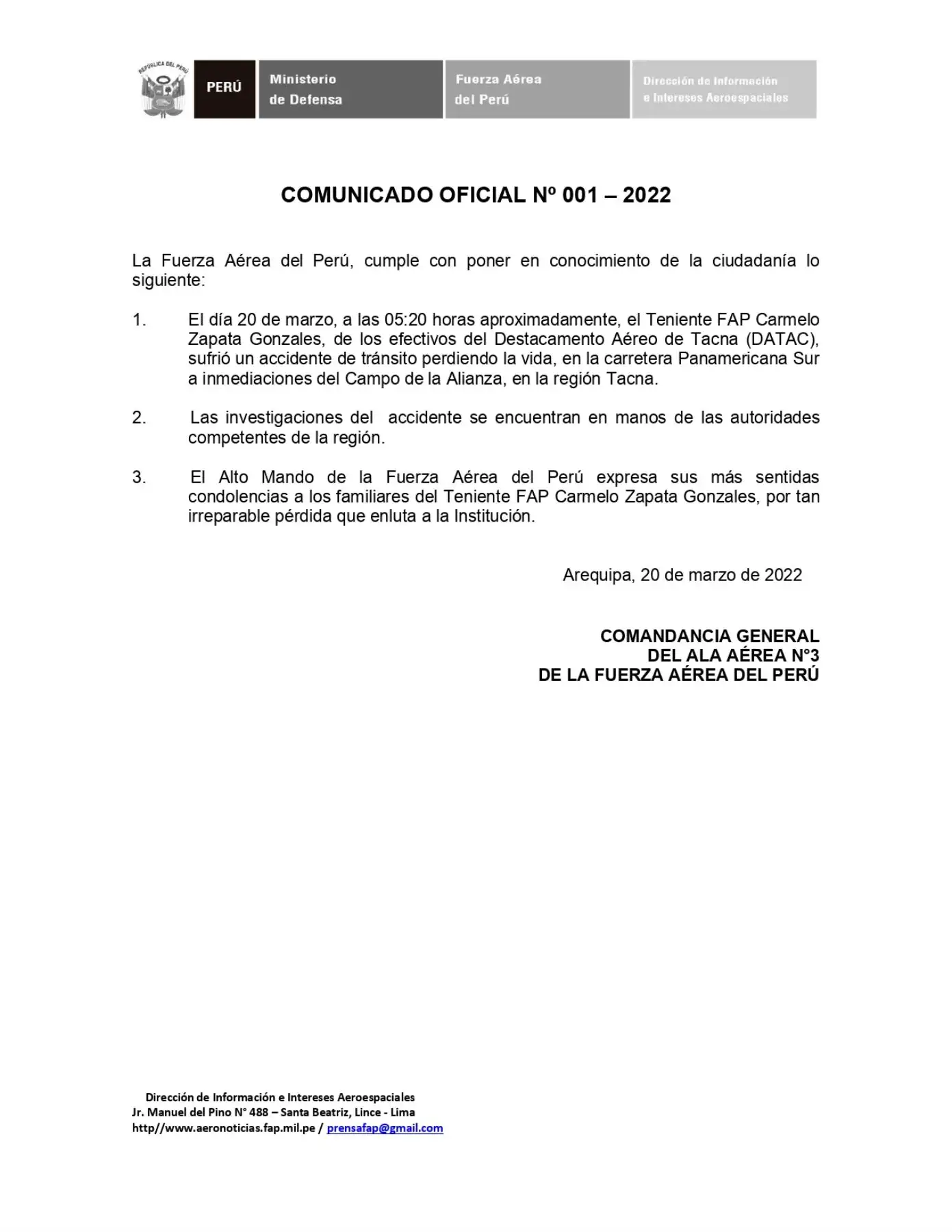 Comunicado de la FAP en donde informa sobre muerte de un miembro de la institución en la región Tacna.