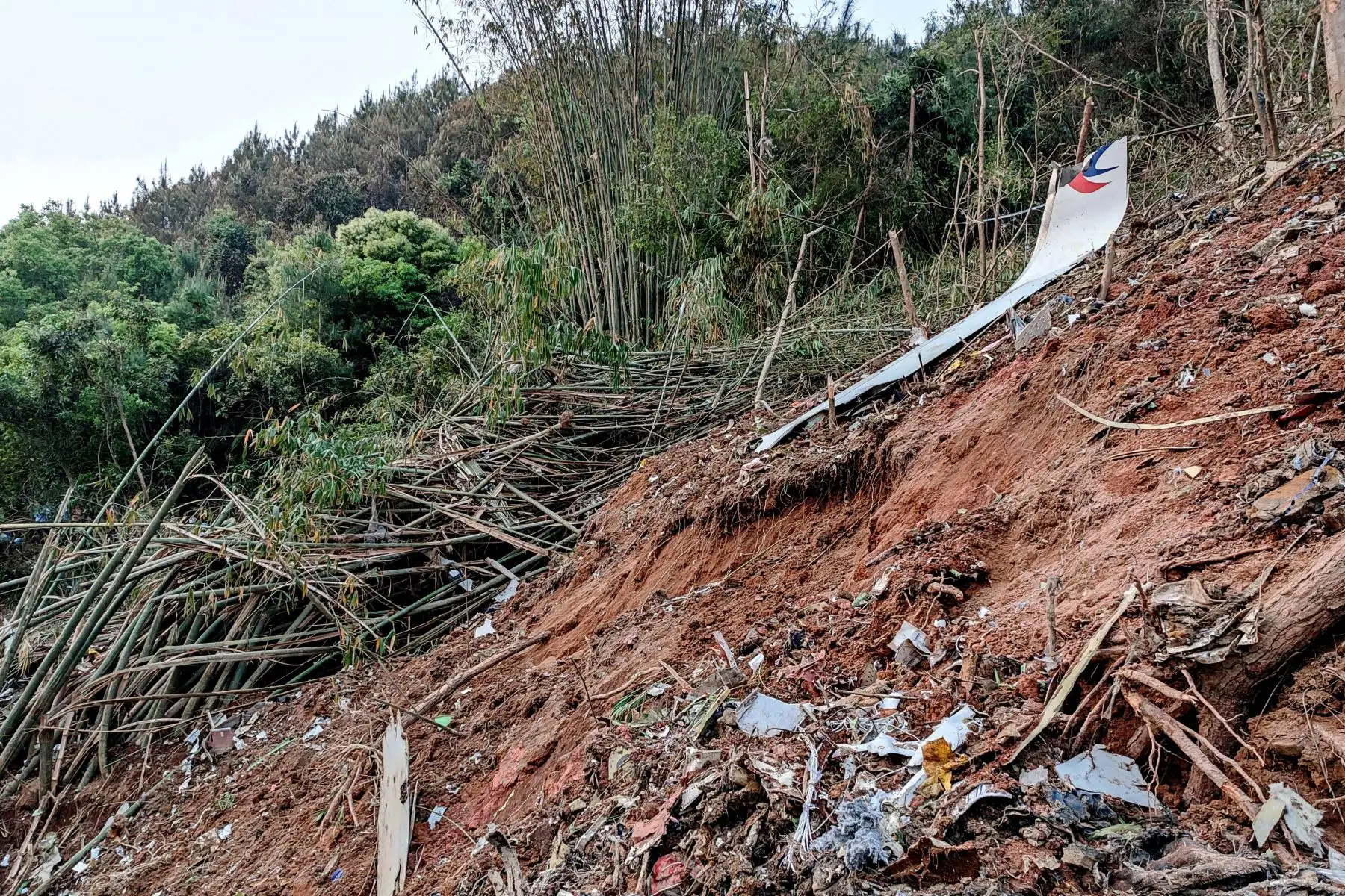 Restos del avión de pasajeros China Eastern que se estrelló contra la ladera de una montaña en el condado de Tengxian, ciudad de Wuzhou, en la región sureña china de Guangxi. Foto: AFP