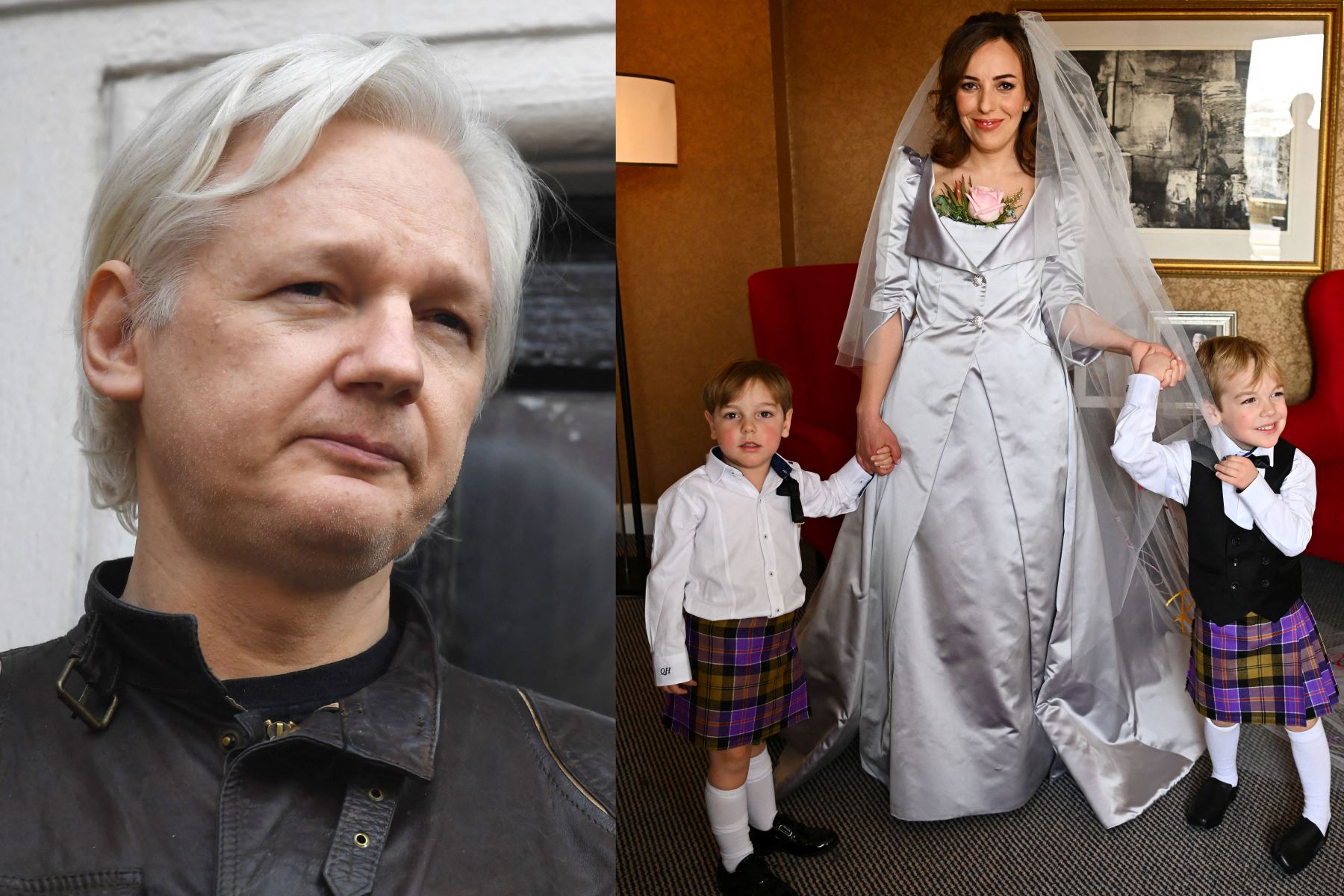Assange y Moris tuvieron dos hijos en secreto durante los casi siete años que el australiano vivió refugiado en la legación ecuatoriana en Londres. Foto: Composición fotográfica con fotos de AFP
