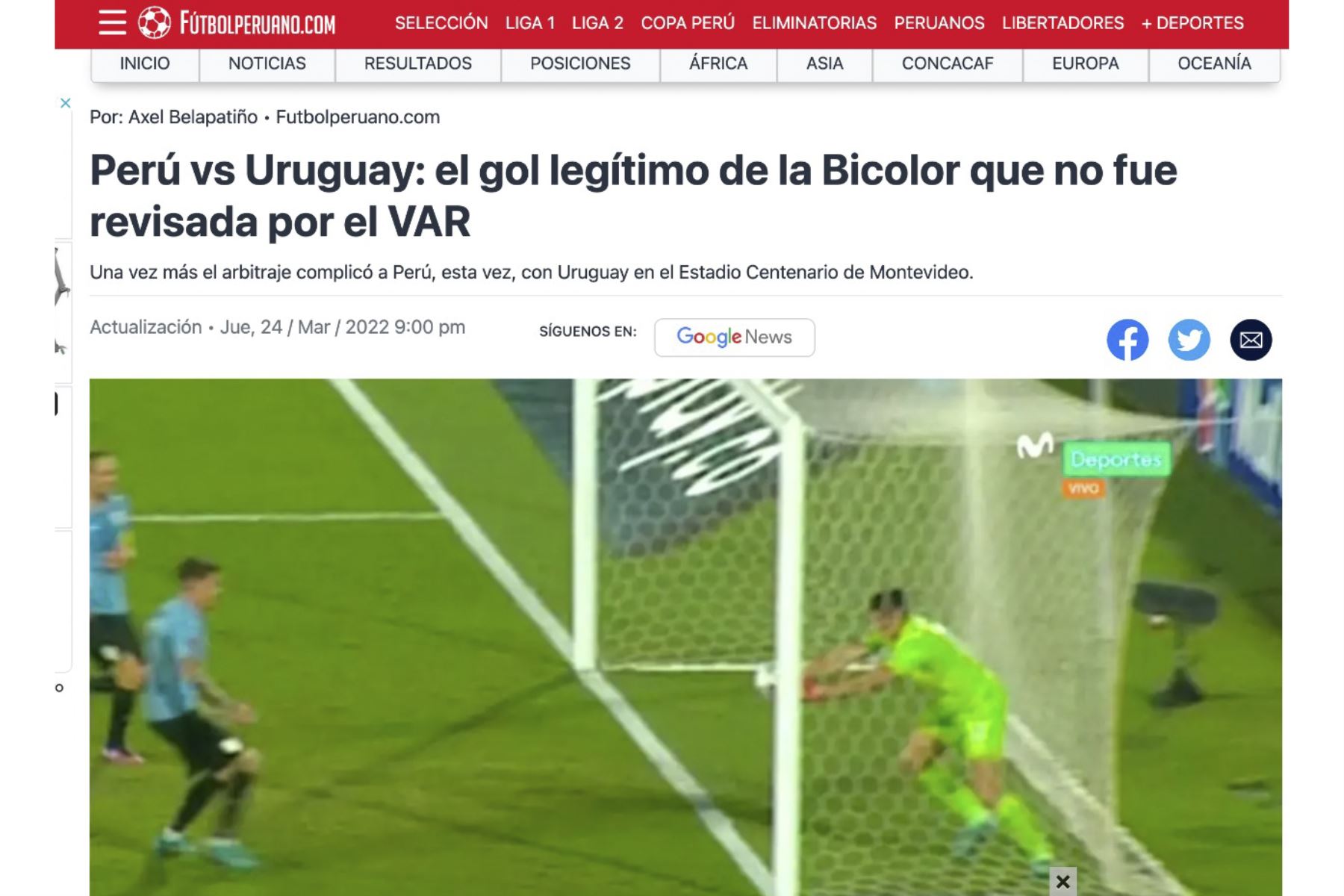 Así informa la prensa nacional e internacional sobre el gol que el arbitró no convalidó en el partido Perú vs. Uruguay en Montevideo. Foto: Captura