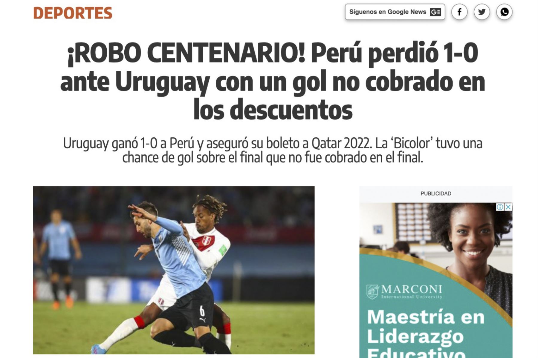 Así informa la prensa nacional e internacional sobre el gol que el arbitró no convalidó en el partido Perú vs. Uruguay en Montevideo. Foto: Captura
