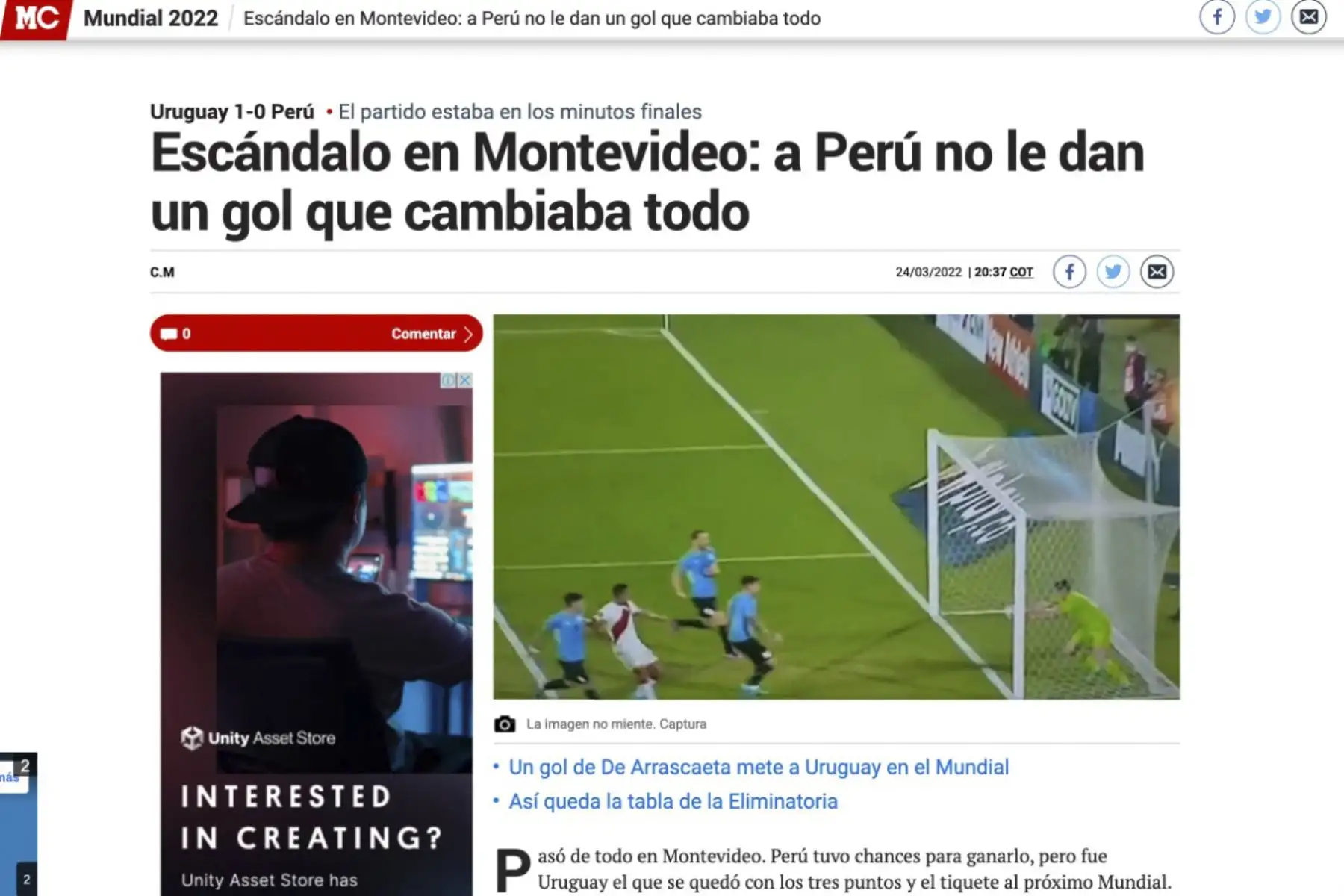 Así informa la prensa nacional e internacional sobre el gol que el arbitró no convalidó en el partido Perú vs. Uruguay en Montevideo. Foto: Captura