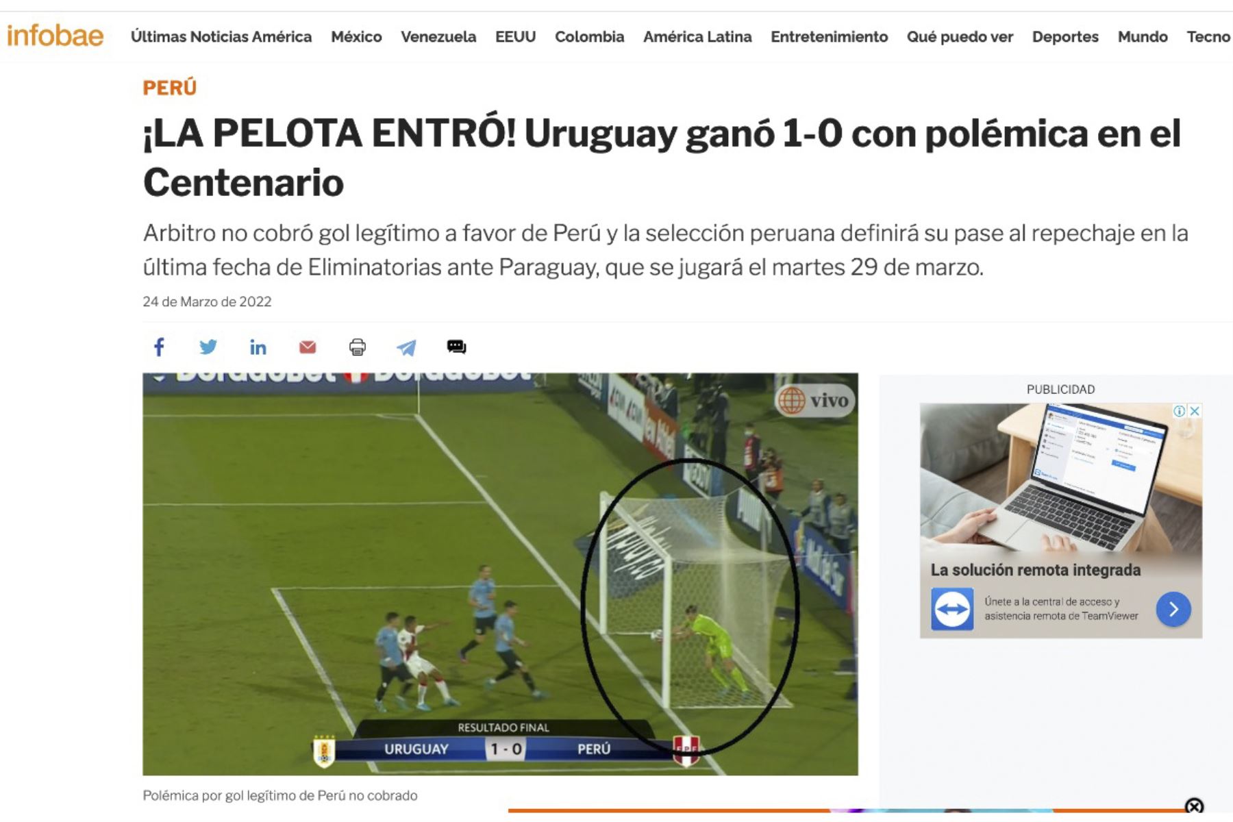Así informa la prensa nacional e internacional sobre el gol que el árbitro no convalidó en el partido Perú vs. Uruguay en Montevideo. Foto: Captura