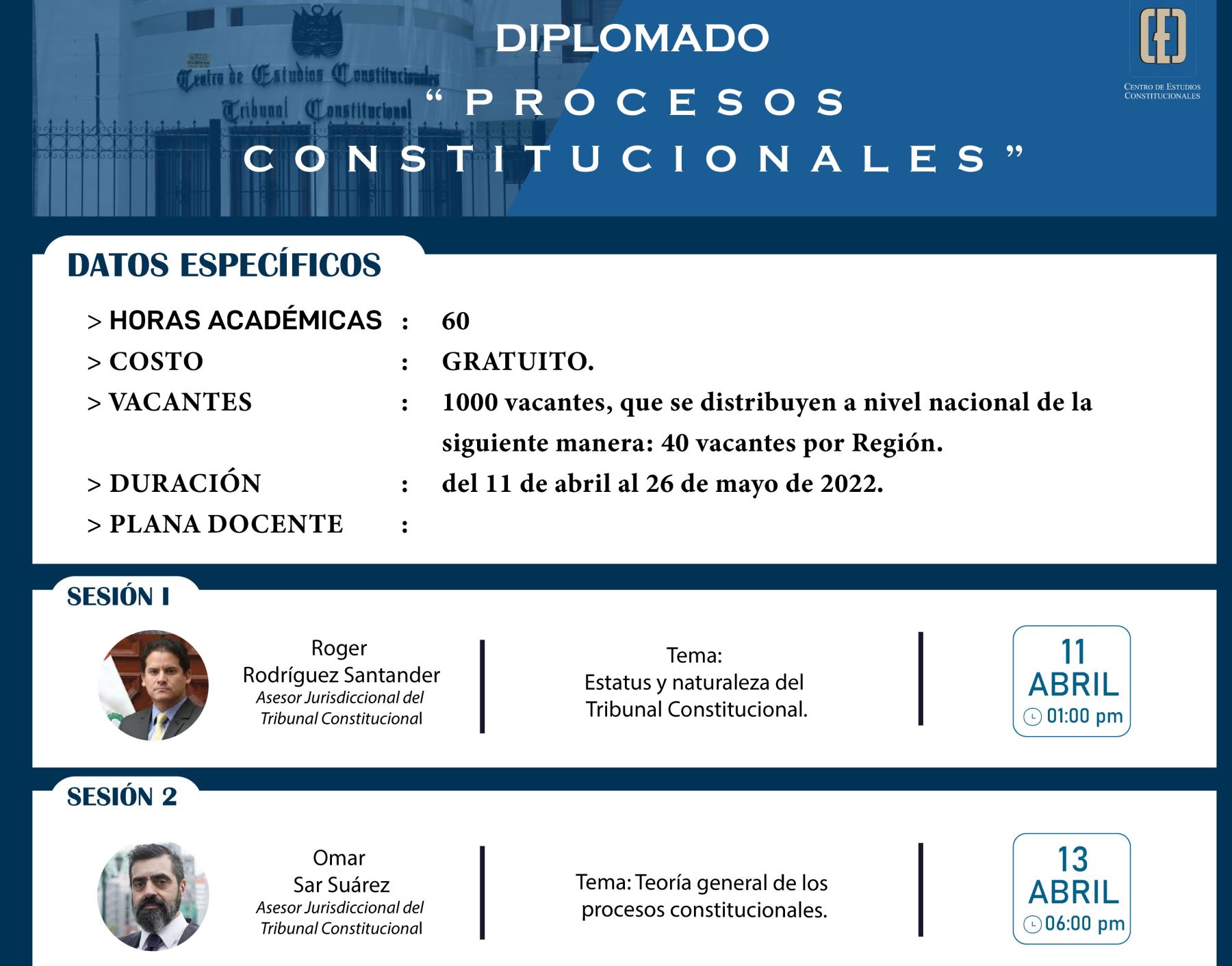 Centro de Estudios Constitucionales del Tribunal Constitucional organiza un diplomado gratuito sobre procesos constitucionales dirigido a operadores jurídicos de diversas regiones. ANDINA/Difusión