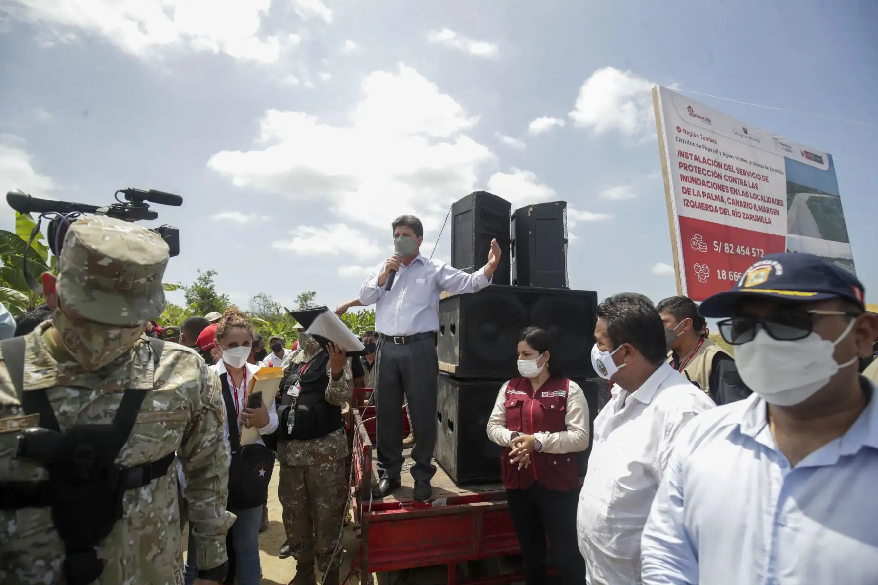 El presidente Pedro Castillo inaugura la bocatoma La Palma y la defensa ribereña en el río Zarumilla, región Tumbes. Foto: ANDINA/Prensa Presidencia