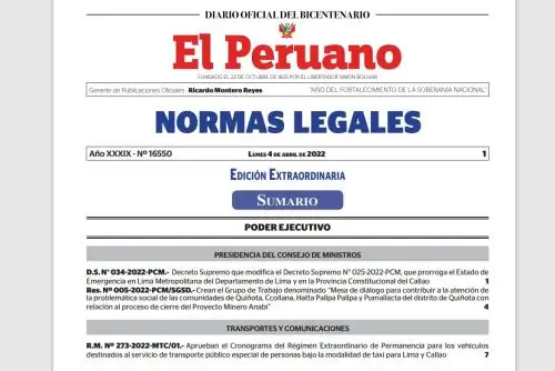 Edición extraordinaria del cuadernillo de Normas Legales del Diario Oficial El Peruano.