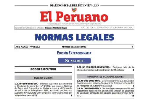 Cuadernillo de Normas Legales del Diario Oficial El Peruano.
