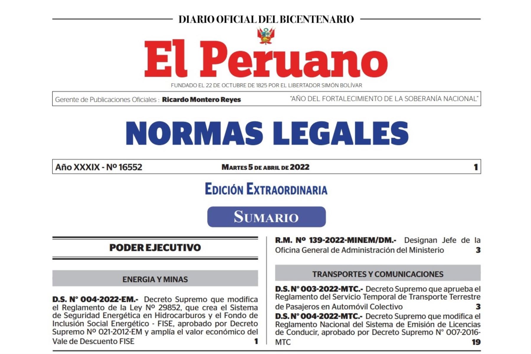 Cuadernillo de Normas Legales del Diario Oficial El Peruano.