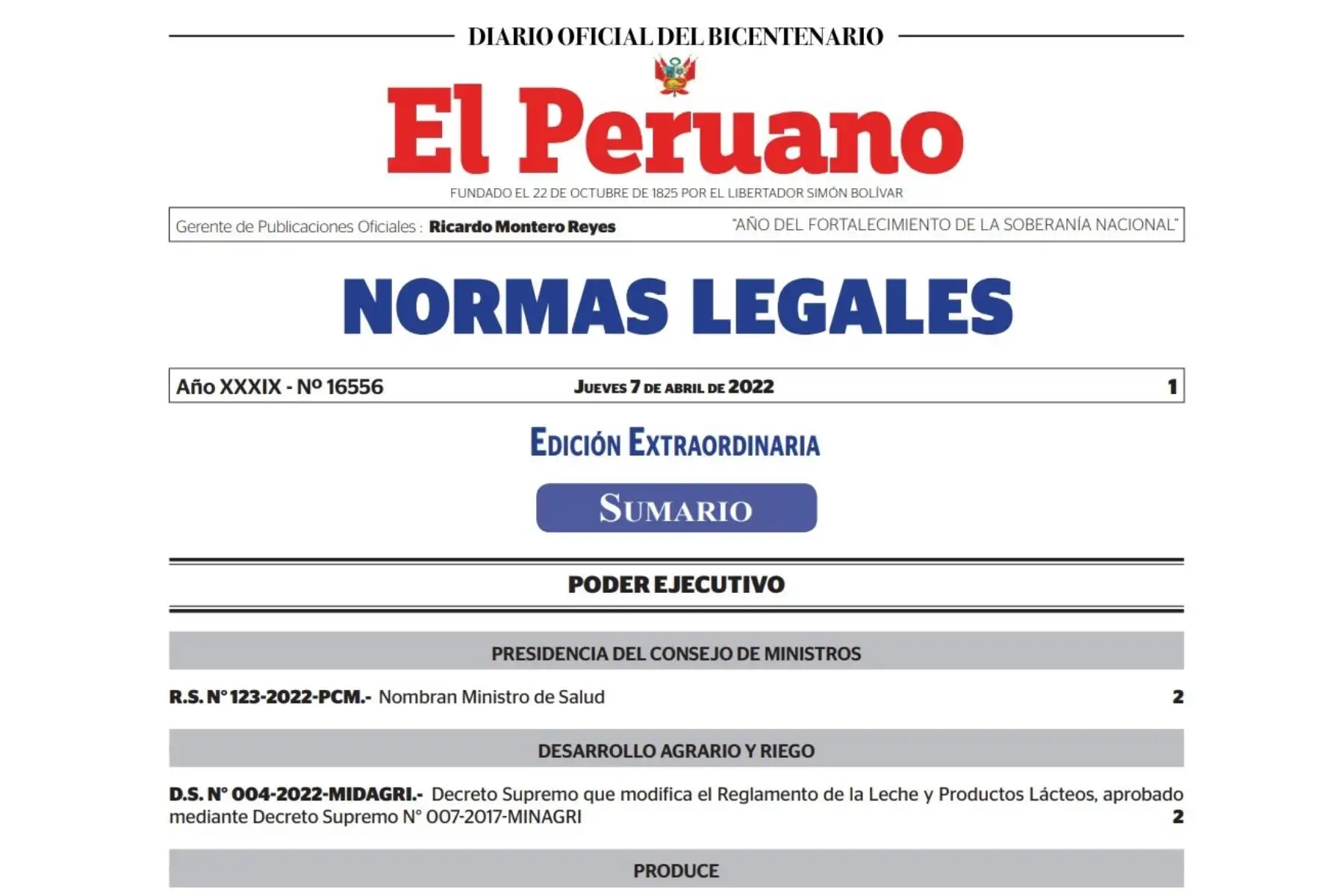 Edición extraordinaria del Diario Oficial El Peruano.