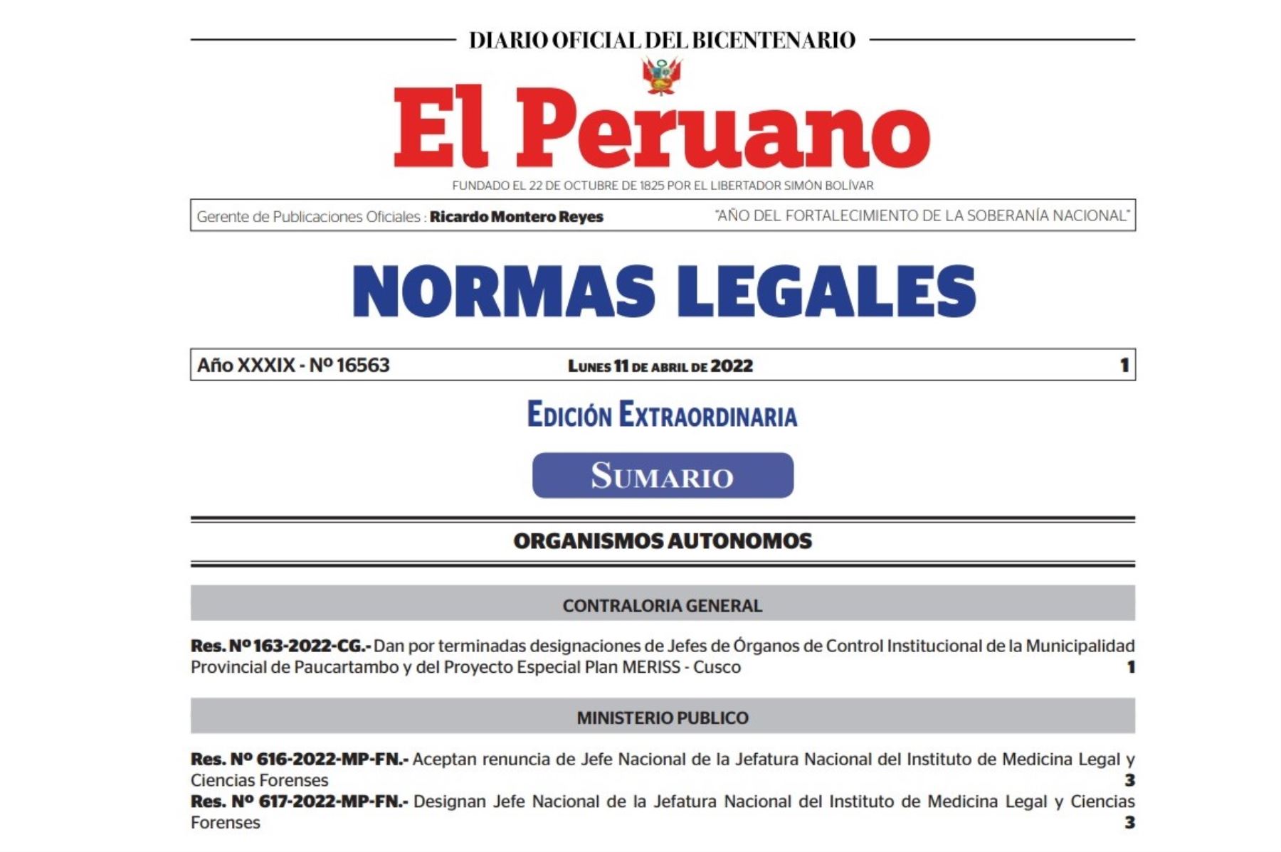 Edición extraordinaria de Normas Legales del Diario Oficial El Peruano.
