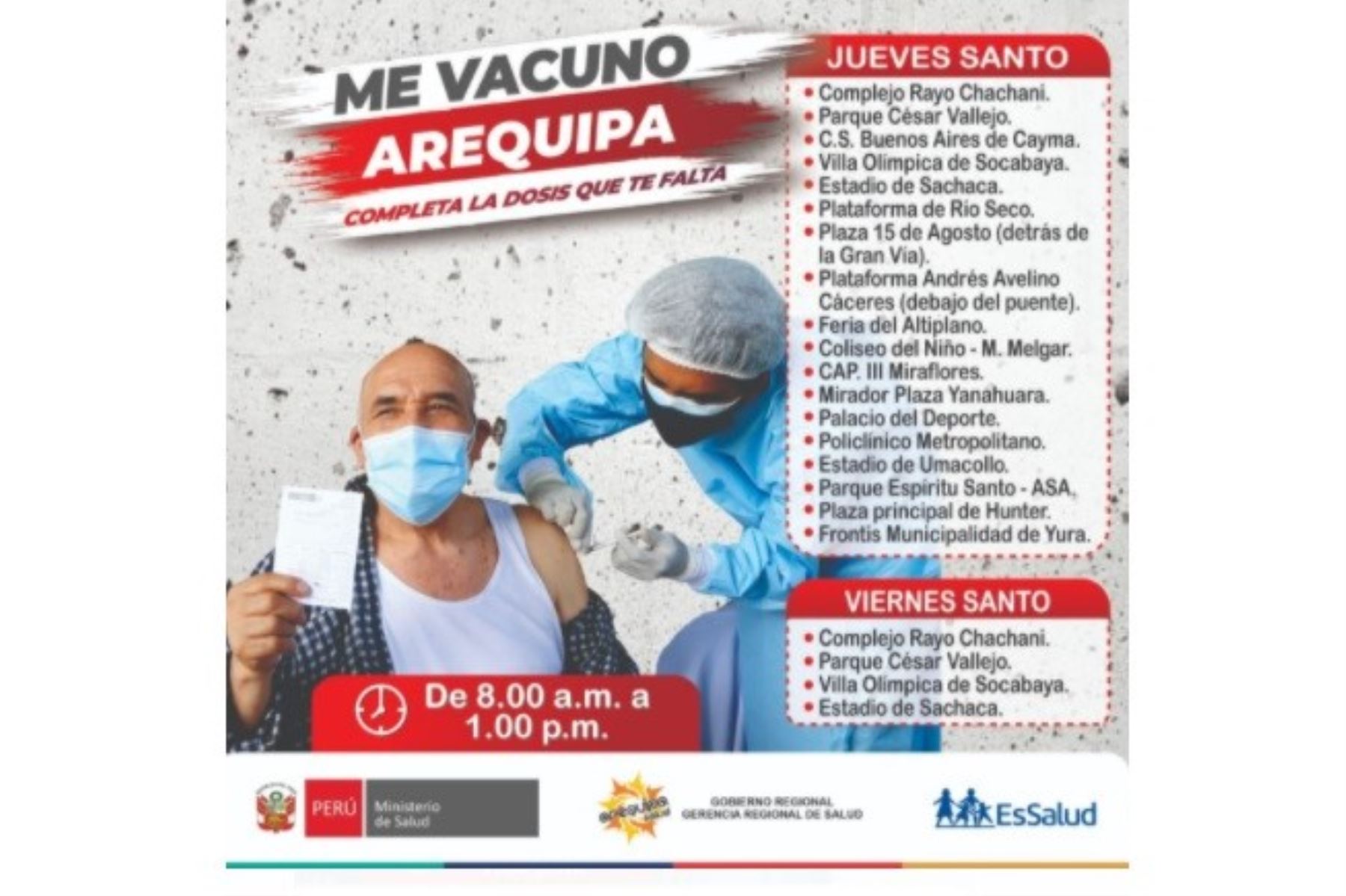 Pieza informativa sobre puntos de vacunación covid-19 en Arequipa durante Semana Santa.