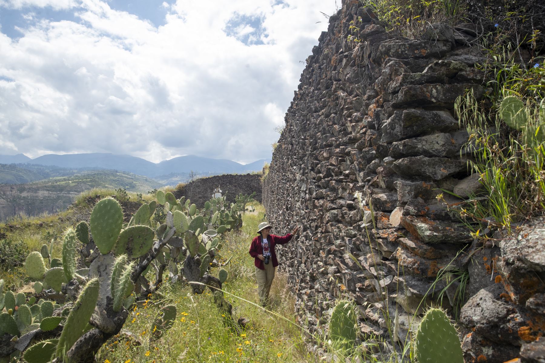 Arqueólogos José Ochatoma y Martha Cabrera piden tomar medidas preventivas para evitar el colapso de muros de la ciudadela Wari. ANDINA/Carla Patiño Ramírez