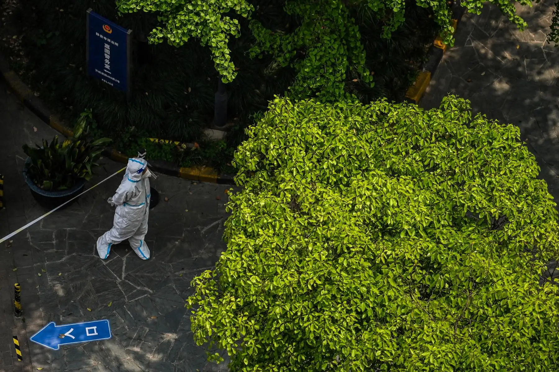 Un trabajador con equipo de protección personal, se encuentra de pie mientras los residentes se someten a un examen de salud durante un bloqueo de coronavirus Covid-19 en Shanghai. Foto: AFP
