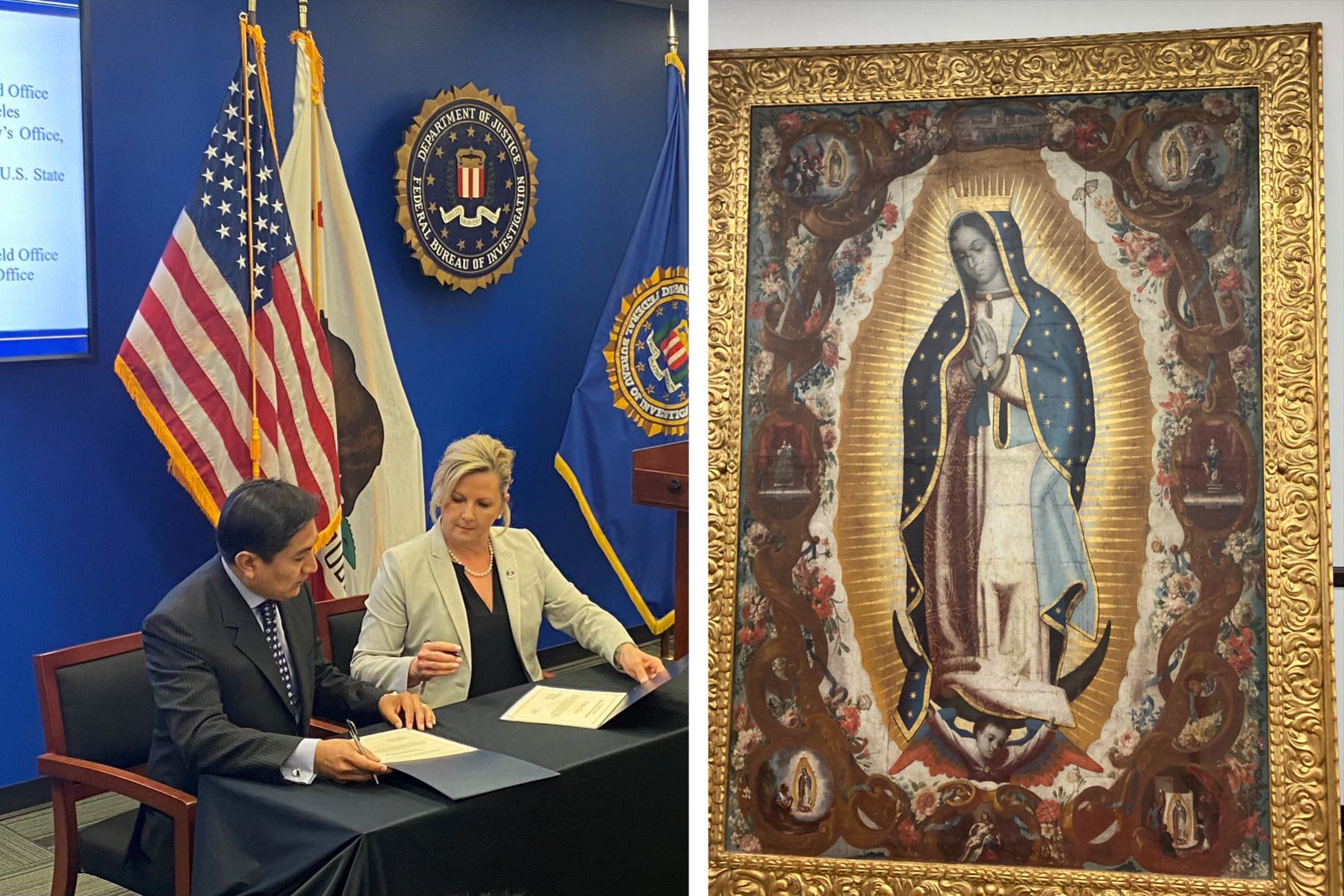 Funcionarios estadounidenses han repatriado 16 objetos culturales al Gobierno peruano, incluidos cuadros, documentos históricos y hachas de piedra. Foto: Twitter FBI Los Ángeles.