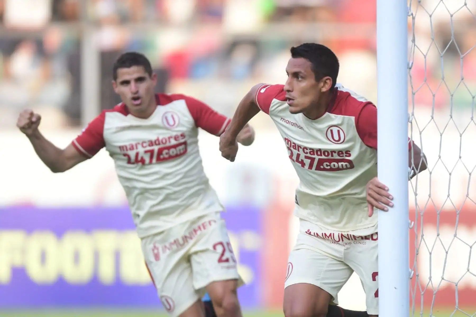 Alex Valera de Universitario celebra junto a Aldo Corzo tras anotar el 1-0 ante Sport Boys durante partido por la jornada 11 de la Liga 1, en el Estadio Monumental. Foto: Liga 1