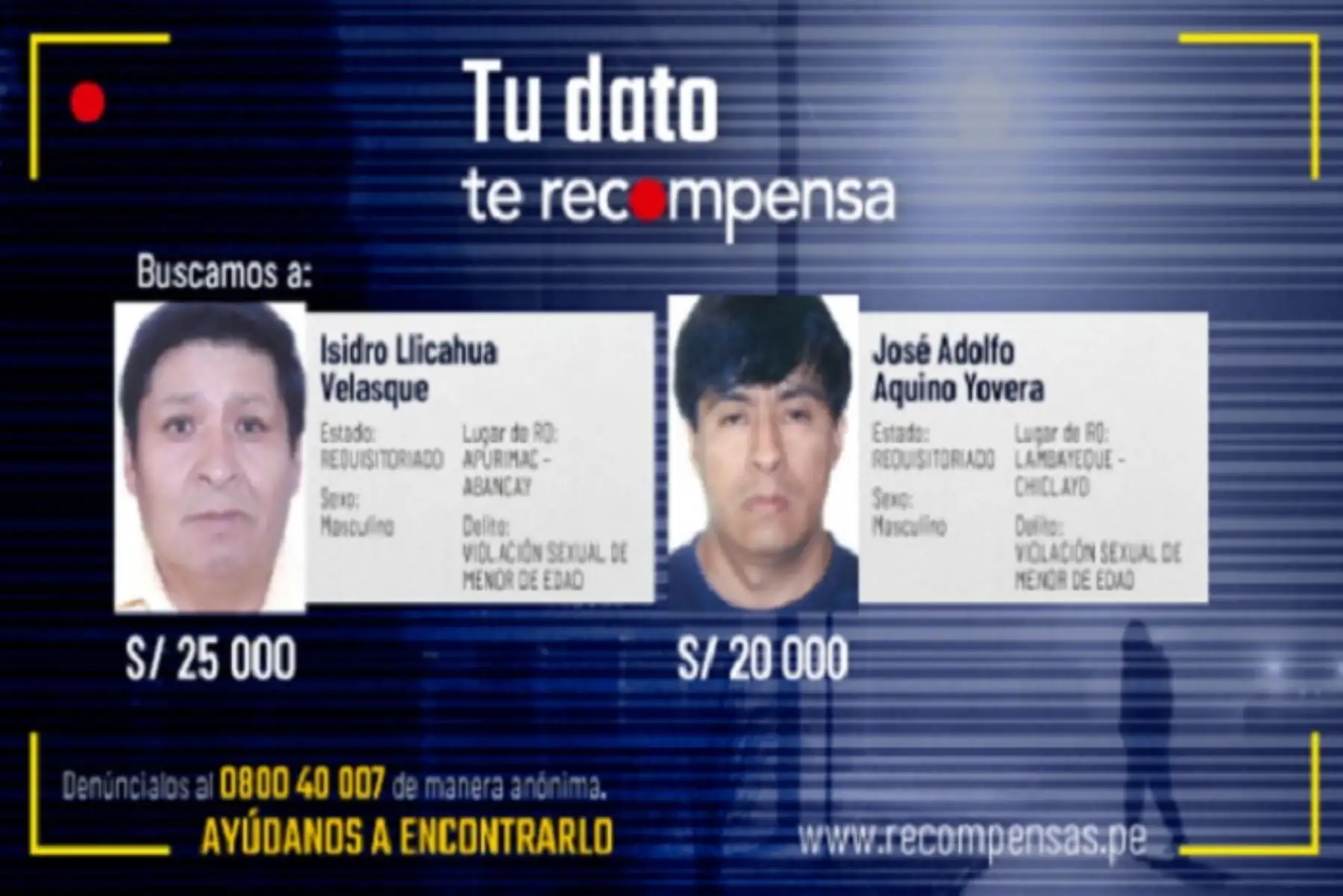 En caso un ciudadano colaborador tenga información sobre alguna de las personas incluidas en la lista del Programa de Recompensas, puede llamar al 0800 40 007 de manera gratuita, con total seguridad y confidencialidad.